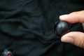 Man handpicking black grapes A citrus fruit Black cloth background