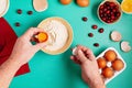 Man hands beating the egg in the bowl. Rustic baking ingredients. Homemade pastry, baking. Top view flat lay background. Healthy Royalty Free Stock Photo