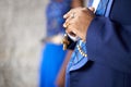 Man, hands and christianity with cross for religion, belief or praying of priest or preacher at church. Closeup of male Royalty Free Stock Photo