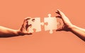 Man hands connecting couple puzzle piece. Business solutions, target, success, goals and strategy concepts. Hand Royalty Free Stock Photo