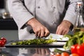 Man hands cut food at kitchen. Closeup chef hands cutting vegetables with knife. Royalty Free Stock Photo