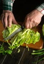 Man hands cut fresh cabbage with a knife on a kitchen cutting board before preparing national or vegetarian dishes. Peasant Royalty Free Stock Photo