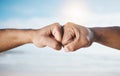 Man, hands and fist bump for partnership, unity or collaboration in deal or agreement outdoors. Hand of men or friends Royalty Free Stock Photo