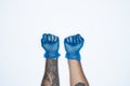 A man hands and gestures in Blue rubber glove shows fist scat sign isolated on white background Royalty Free Stock Photo