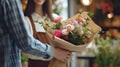 Man hands a girl a bouquet of flowers. Man& x27;s hand with a bouquet of flowers outdoors.