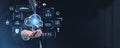 Man hands with glowing cloud, data storage and security. Copy space