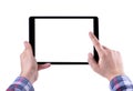 Man hands holding black tablet, isolated on white. Royalty Free Stock Photo