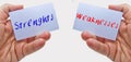 Man hands holding cards with the words strenghts and weaknesses Royalty Free Stock Photo