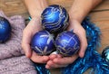 Man hands holding christmas balls Royalty Free Stock Photo