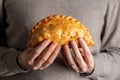 Man hands holding cornish pasty, meat turnover or pie, with filling, beef, carrot