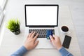 Man hands holding credit card laptop with screen phone Royalty Free Stock Photo