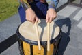 Man hands holding drumsticks playing Japan musical instrument taiko Royalty Free Stock Photo