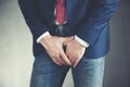Man with hands holding his crotch, he wants to pee Royalty Free Stock Photo