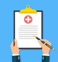 Man hands holding medical clipboard icon. Flat style - stock vector Royalty Free Stock Photo