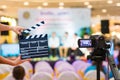 Man hands holding movie clapper.Film director concept.camera show viewfinder image catch motion in interview or broadcast wedding