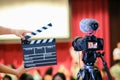 Man hands holding movie clapper.Film director concept.camera show viewfinder image catch motion in interview or broadcast wedding