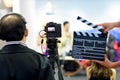 Man hands holding movie clapper.Film director concept.camera show viewfinder image catch motion in interview or broadcast wedding