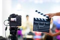 Man hands holding movie clapper.Film director concept.camera show viewfinder image catch motion in interview or broadcast wedding Royalty Free Stock Photo