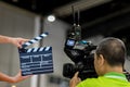 Man hands holding movie clapper.Film director concept.camera show viewfinder image catch motion in interview or broadcast wedding Royalty Free Stock Photo