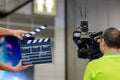 Man hands holding movie clapper.Film director concept.camera show viewfinder image catch motion in interview or broadcast wedding