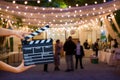 Man hands holding movie clapper. Film director concept. camera show viewfinder image catch motion in interview or broadcast weddin