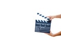 Man hands holding movie clapper isolated on white background. Royalty Free Stock Photo