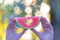 Man hands holding watermelon slice with heart shape in nature