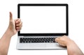 Man hands on the laptop,Thumbs that show the best meaning because of the excellent service on the laptop Royalty Free Stock Photo