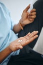 Man hands, medicine pills and medical tablet treatment for sick, healthcare and pharmaceutical drugs help. Closeup