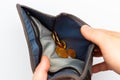 Man hands open old worn wallet with few euro coins, on white background