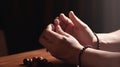 Man hands palm praying and worship of cross, eucharist therapy bless god helping, hope and faith, christian religion concept Royalty Free Stock Photo