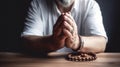 Man hands palm praying and worship of cross, eucharist therapy bless god helping, hope and faith, christian religion concept Royalty Free Stock Photo