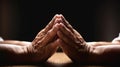 Man hands palm praying and worship of cross, eucharist therapy bless god helping, hope and faith, christian religion concept