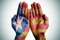 Man hands patterned with the Catalan pro-independence flag Royalty Free Stock Photo
