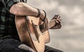 Man hands playing acoustic guitar, close up. Acoustic guitars playing. Music concept. Guitars acoustic. Male musician Royalty Free Stock Photo