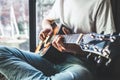 Man hands playing on guitar - close up image Royalty Free Stock Photo