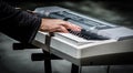 Man hands playing Keyboard piano is an electronic musical instrument.