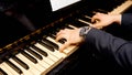 Man hands playing on a old piano . Detail, baroque.