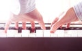 Man hands playing piano. Classical music. Art and abstract backg Royalty Free Stock Photo