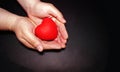 Man`s hands with red plastic heart