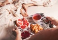 Man hands with service tray with breakfast Royalty Free Stock Photo