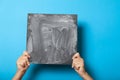 Man hands sign board, card blank mockup, black chalkboard Royalty Free Stock Photo