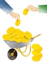 Man hands are throwing gold coins into a garden wheelbarrow. watercolor illustration