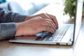 Man hands typing on computer keyboard closeup, businessman or student using laptop at home, online learning, internet marketing, w Royalty Free Stock Photo