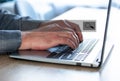 Man hands typing on computer keyboard closeup, businessman or student using laptop at home, online learning, internet marketing, w Royalty Free Stock Photo