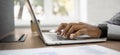 Man hands typing on computer keyboard closeup, businessman or student using laptop at office panoramic banner.