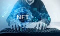 Man hands typing on computer keyboard on table, non-fungible token hologram, nft with network circuit and globe. Concept of Royalty Free Stock Photo