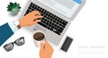 Man hands typing text on the laptop keyboard and using social networks for communication and drinking coffee. Top view of people Royalty Free Stock Photo