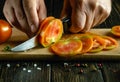 A man hands use a knife to cut tomatoes into small pieces for a vegetable breakfast dish. Tomato diet concept for vitamin set