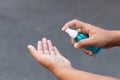 Man hands using alcohol spray for protection bacteria and virus .Coronavirus Royalty Free Stock Photo
